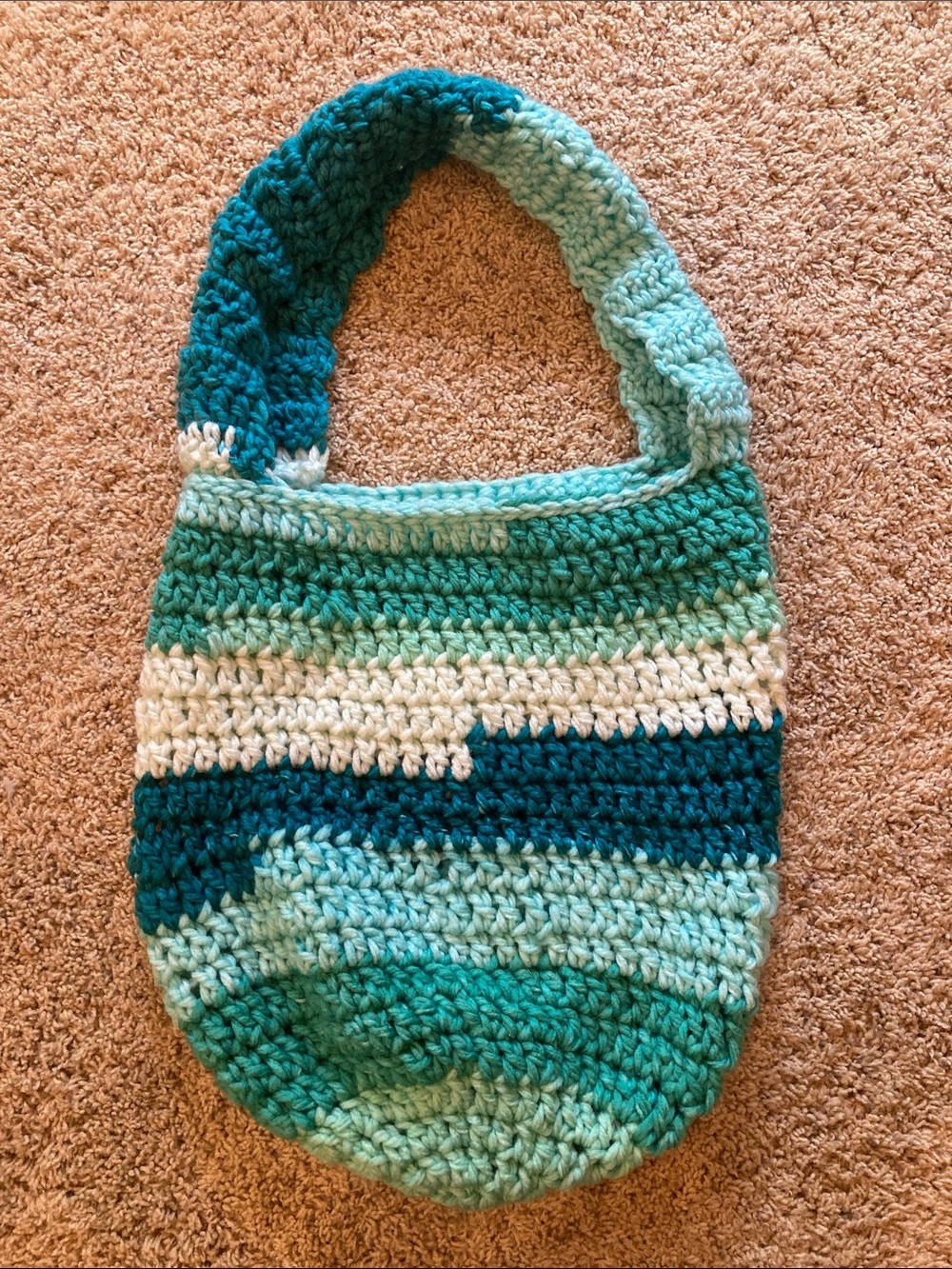 Handmade Crochet Tote Bag in Teal, Aqua & White